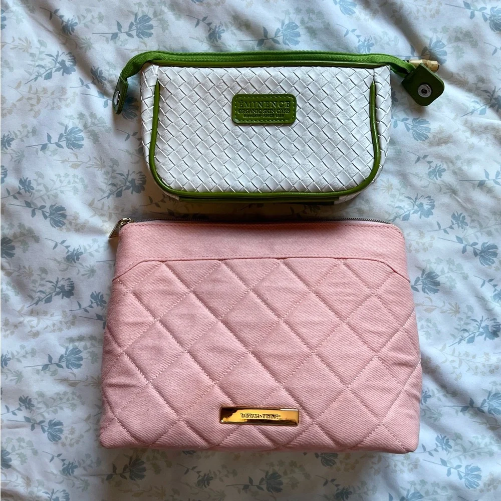 Dual Cosmetic Pouch Set - Pink Quilted Pouch & White Woven Pouch with Green Trim